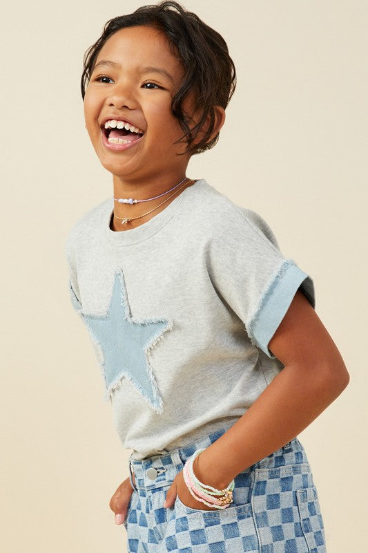 Girls Denim Star Patch Boxy Fit Knit T Shirt