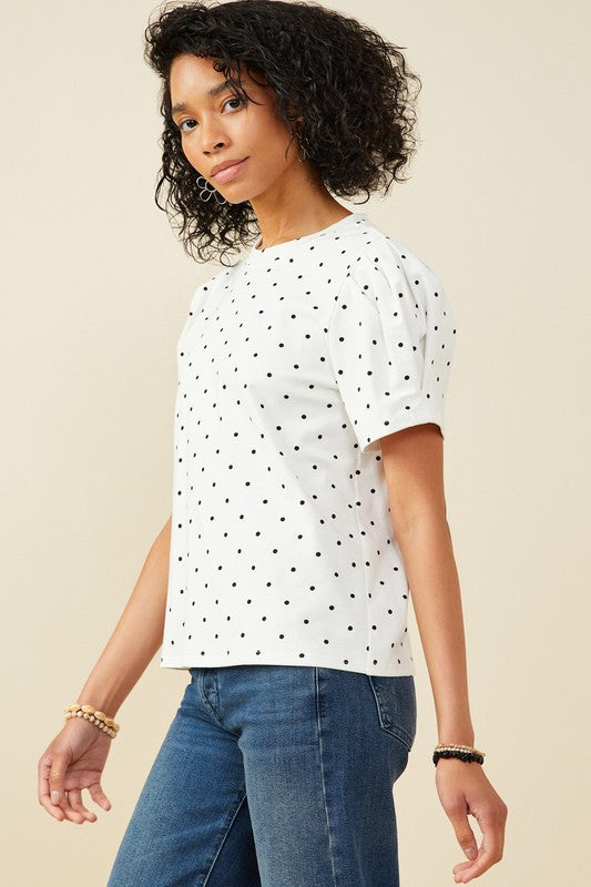 Women Puff Sleeve Polka Dot Knit Tee