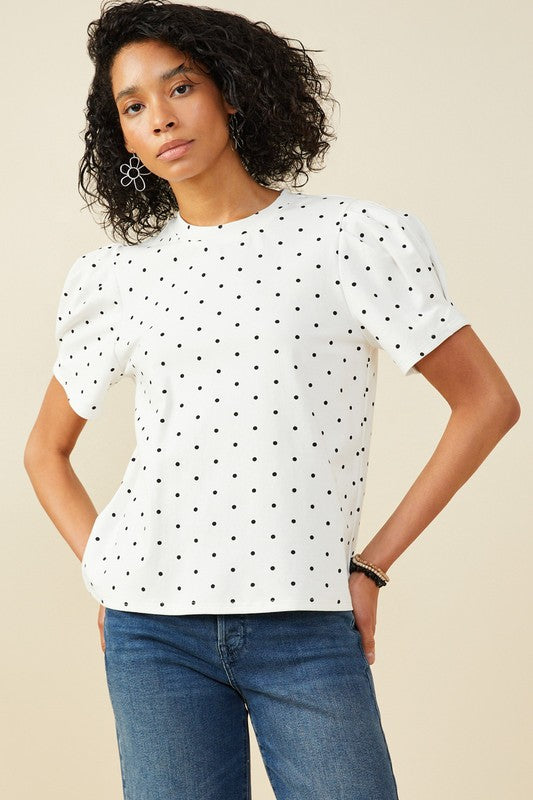 Women Puff Sleeve Polka Dot Knit Tee