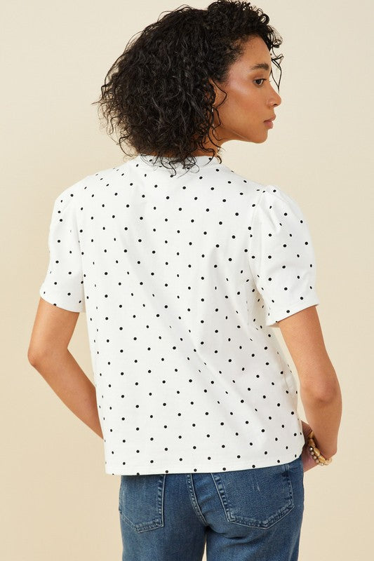 Women Puff Sleeve Polka Dot Knit Tee