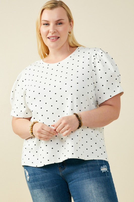 Women Puff Sleeve Polka Dot Knit Tee