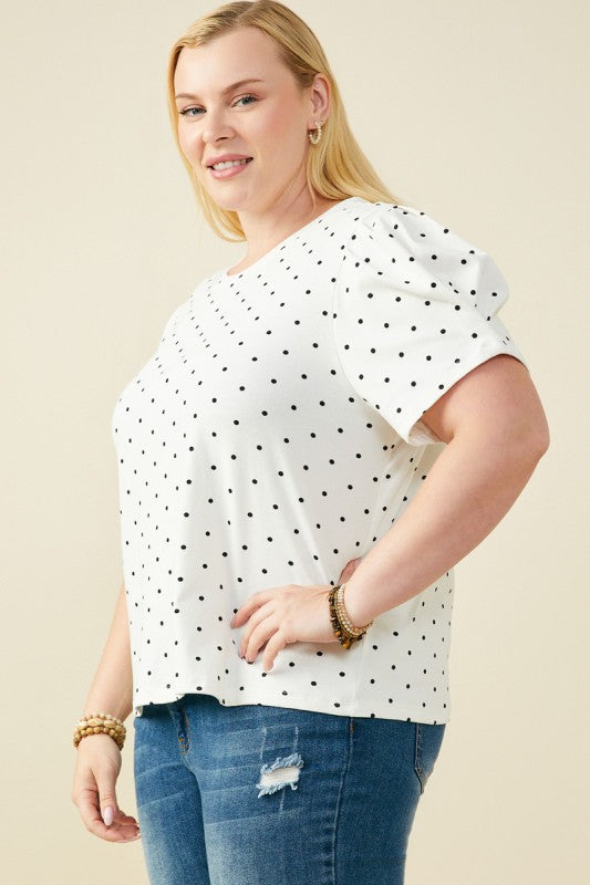 Women Puff Sleeve Polka Dot Knit Tee
