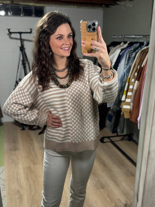 The Fabulous Frenchie Checkered Sweater in Taupe and Ivory