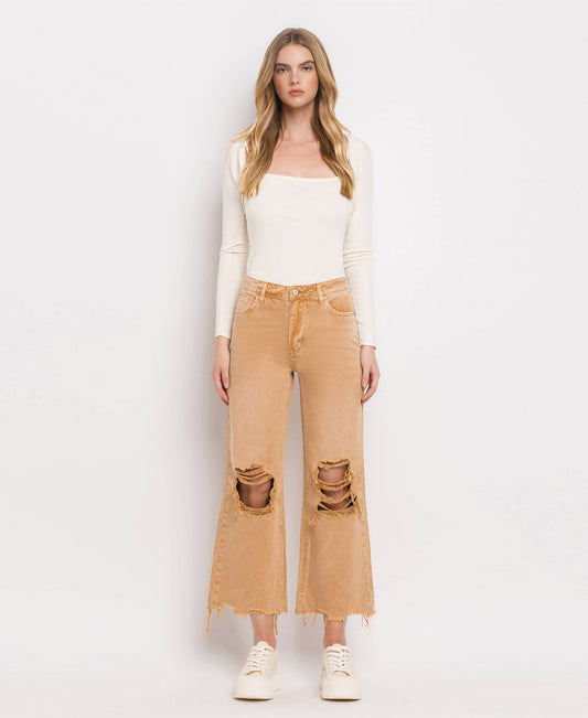 90'S VINTAGE SUPER HIGH RISE CROP FLARE JEANS IN GOLD