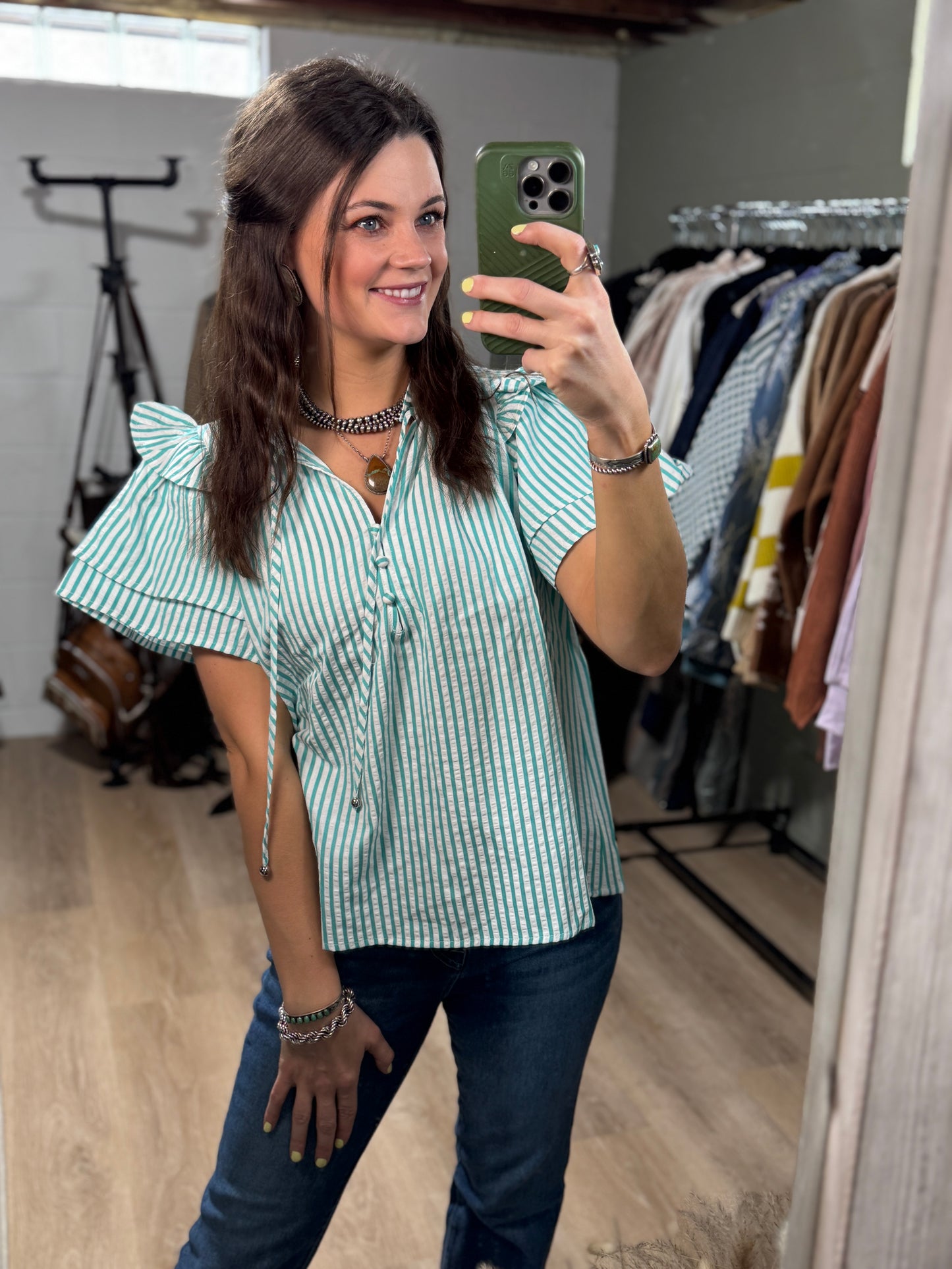 The Daisy Stripe Blouse in Aqua