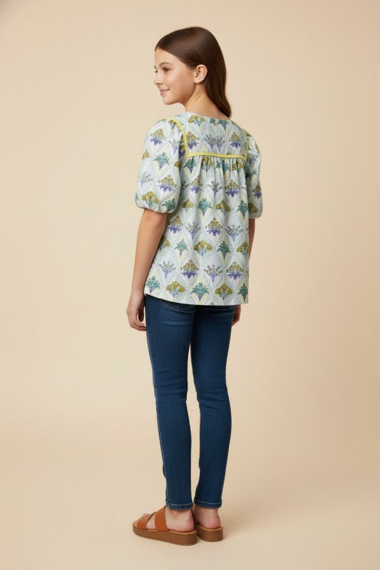 Girls Floral Block Print Contarst Lace Top