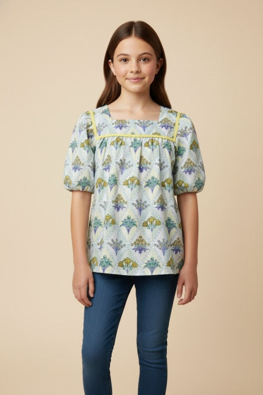Girls Floral Block Print Contarst Lace Top