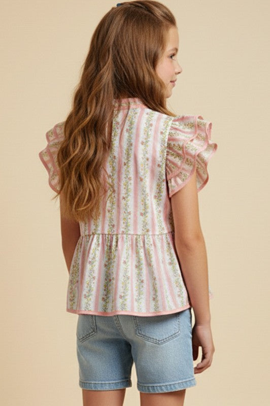 Girls Floral Striped Ruffle Shoulder Top