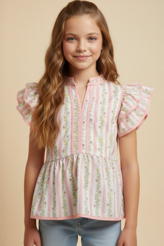 Girls Floral Striped Ruffle Shoulder Top