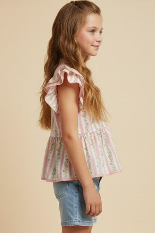 Girls Floral Striped Ruffle Shoulder Top