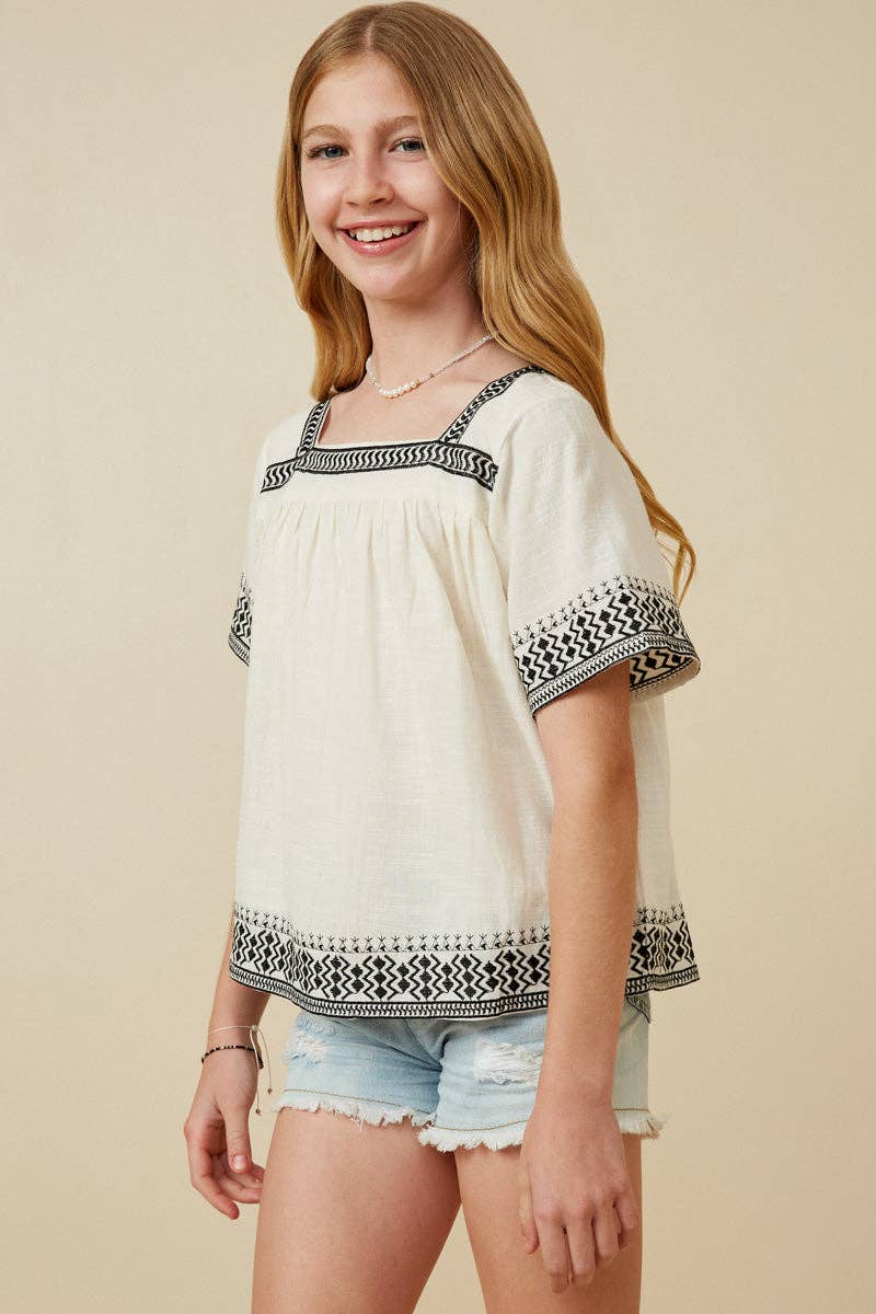 Girls Cotton Slub Textured Embroidered Square Neck Top