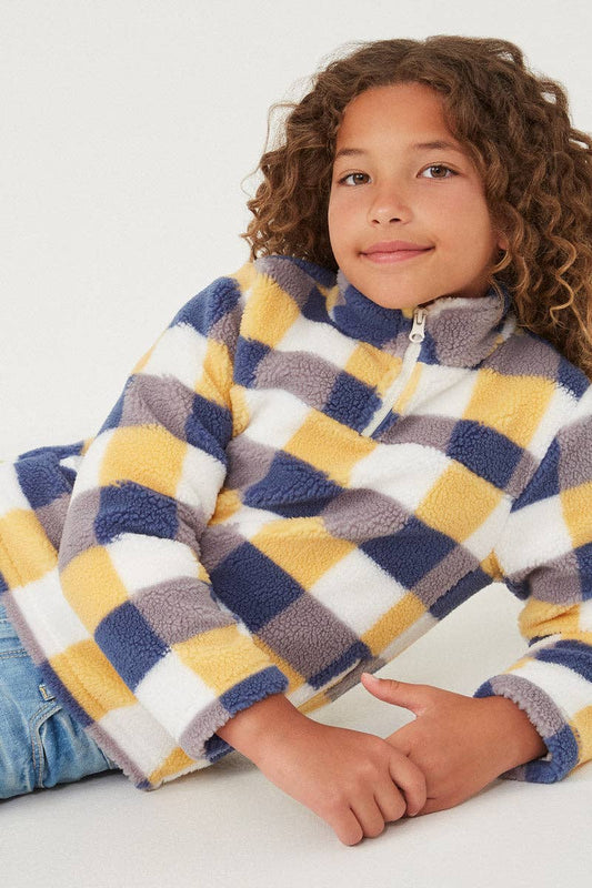 Girls Zip Up Mock Neck Plaid Fleece Top