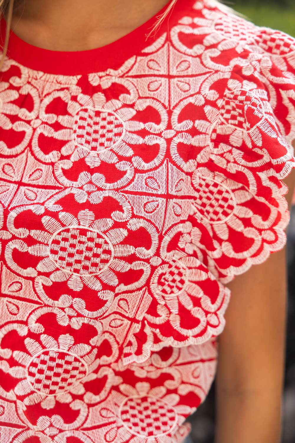 Scallop Ruffle Detail Floral Embroidered Top (Large Only)