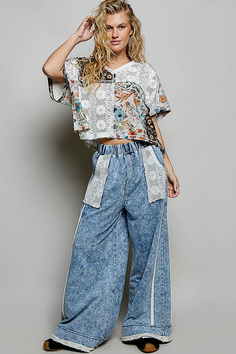 V-Neck Lace See Through Double Gauze Print Sleeveless