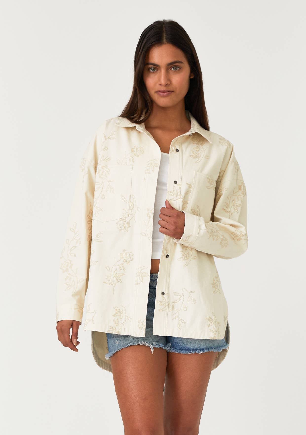 Floral Embroidered Button Front Shacket
