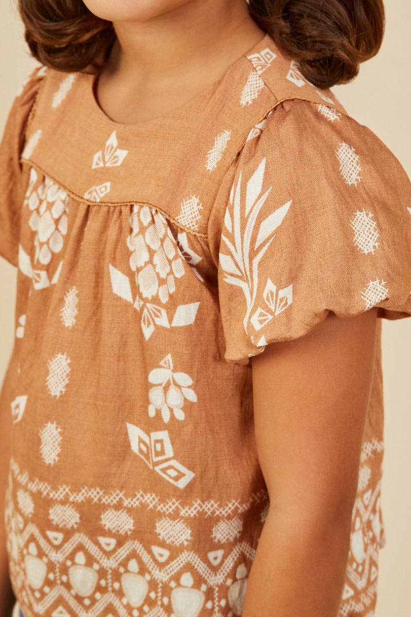 Girls Geometric Floral Print Puff Sleeve Top