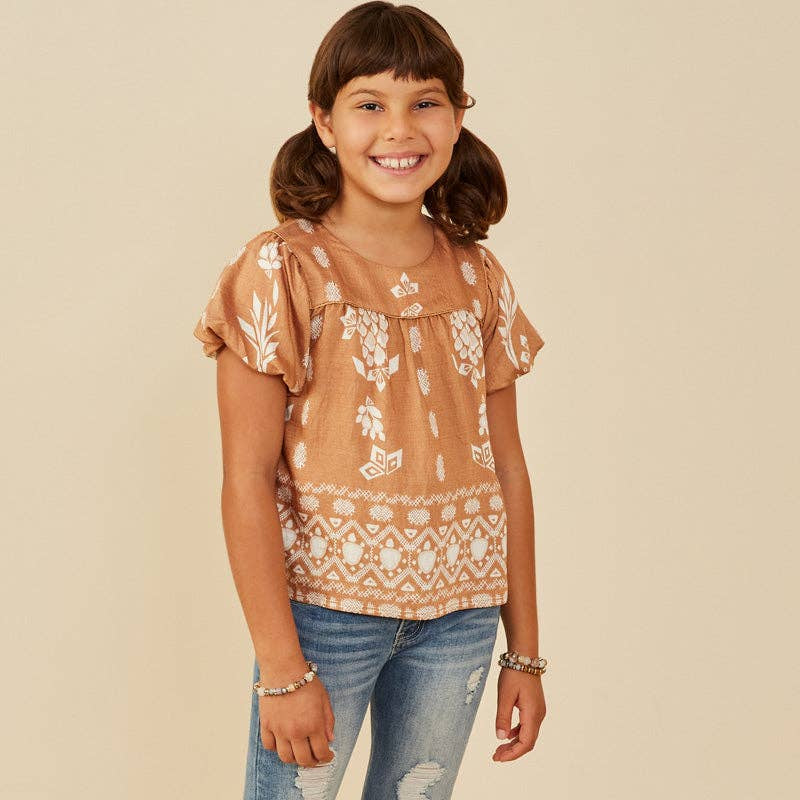 Girls Geometric Floral Print Puff Sleeve Top