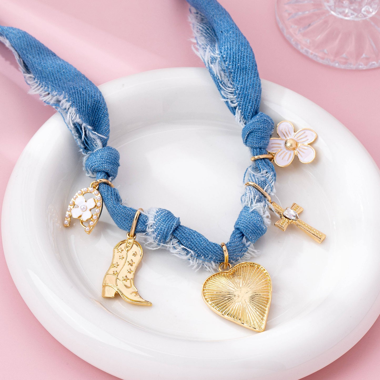 Western Denim Cowboy Boot & Cross Charm Necklace | 80N92859
