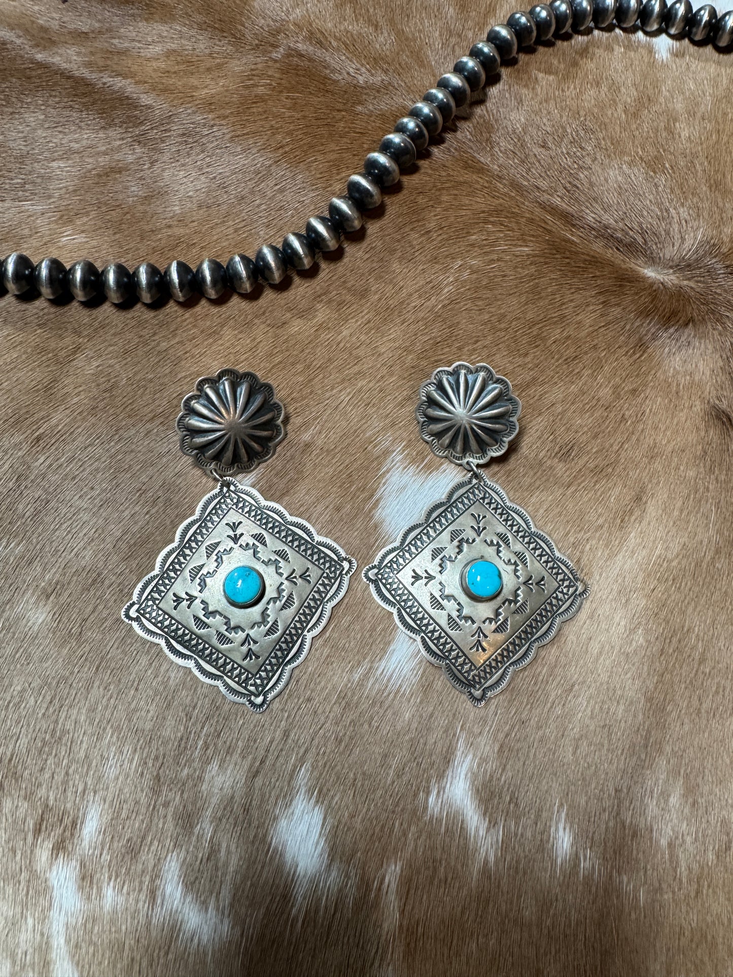 Stamped Concho and Turquoise Earrings