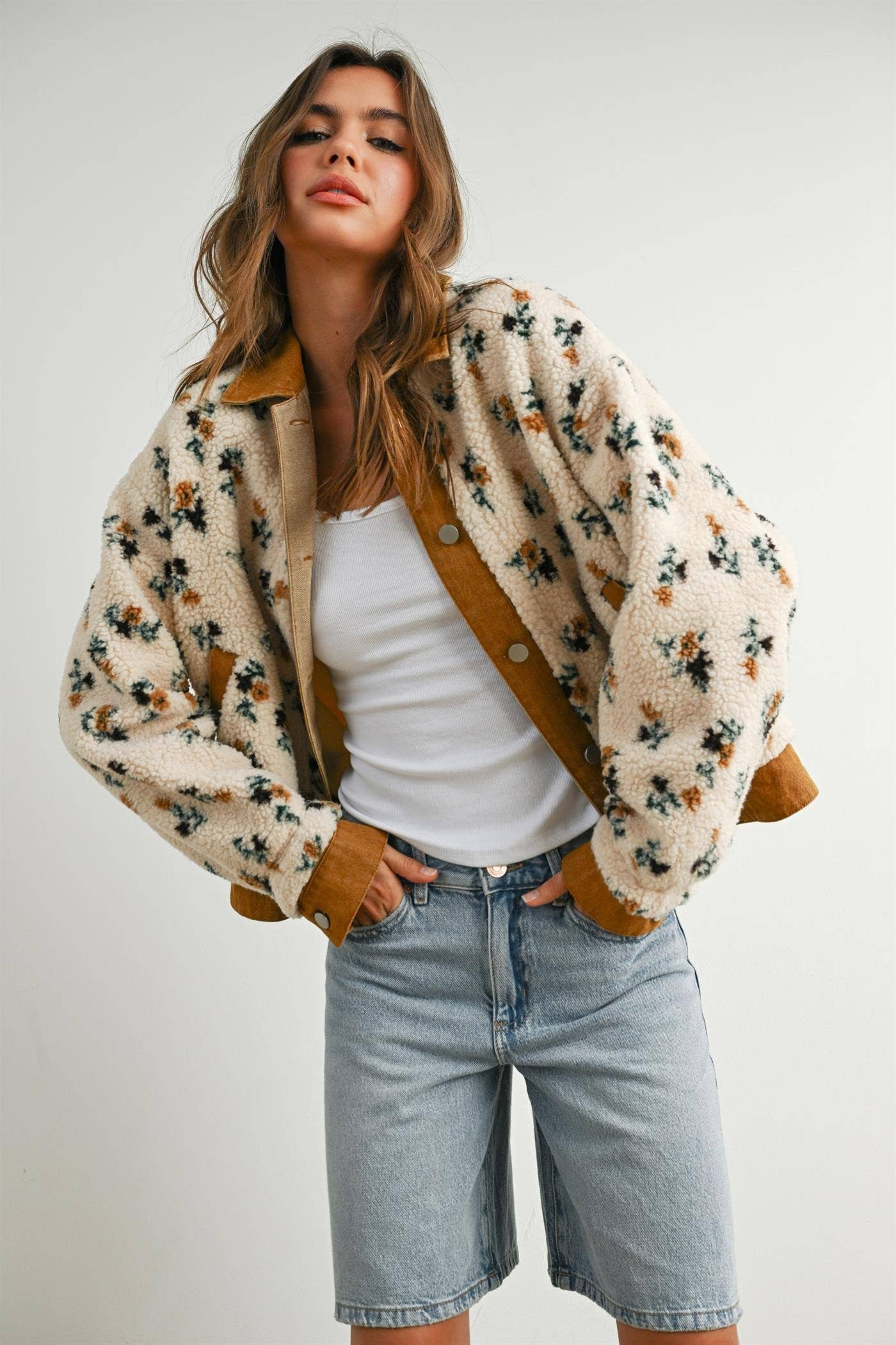 Floral Fleece Snap Jacket with Twill Trim