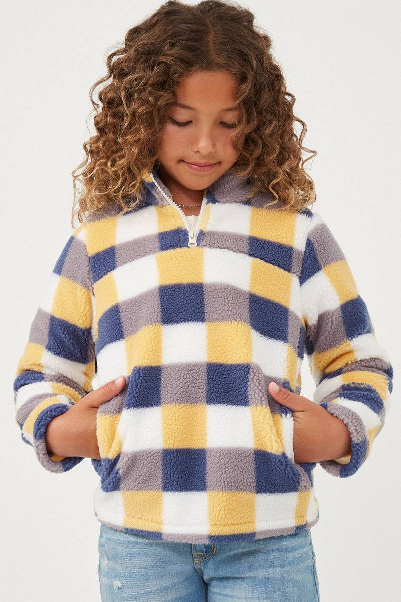 Girls Zip Up Mock Neck Plaid Fleece Top
