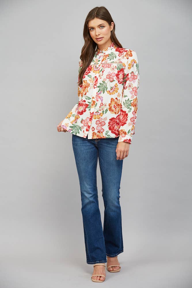 The Lady with Lace Cream Floral Blouse