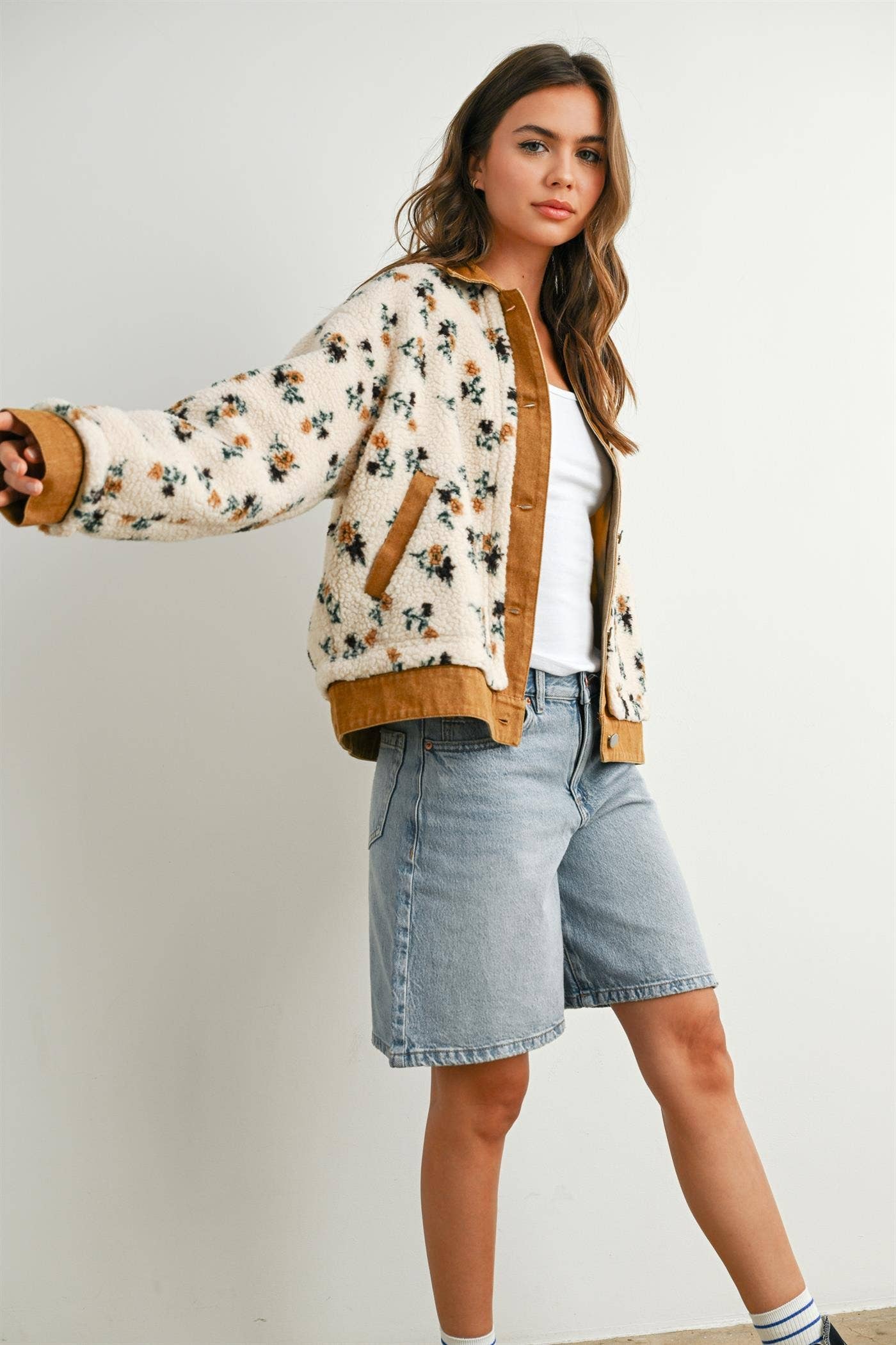 Floral Fleece Snap Jacket with Twill Trim