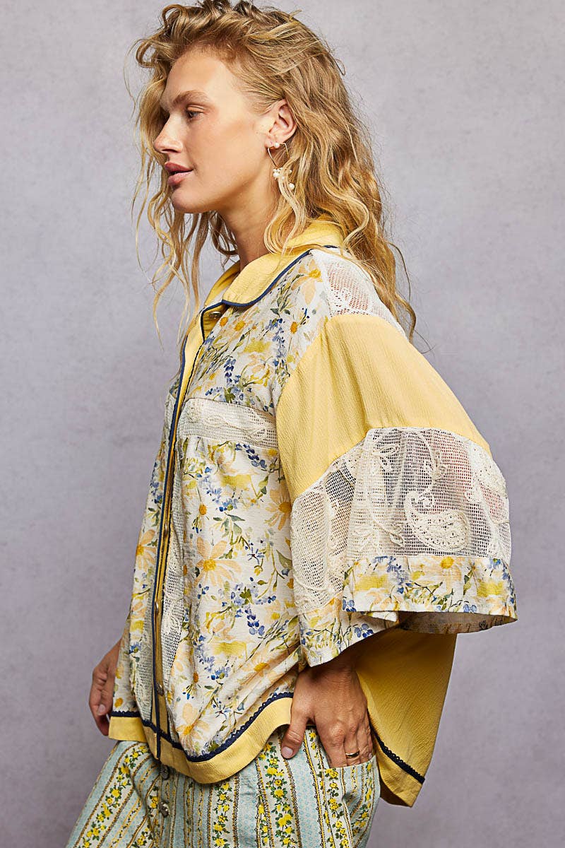 Short Sleeve Solid Floral Printed Button-Down Shirt Top