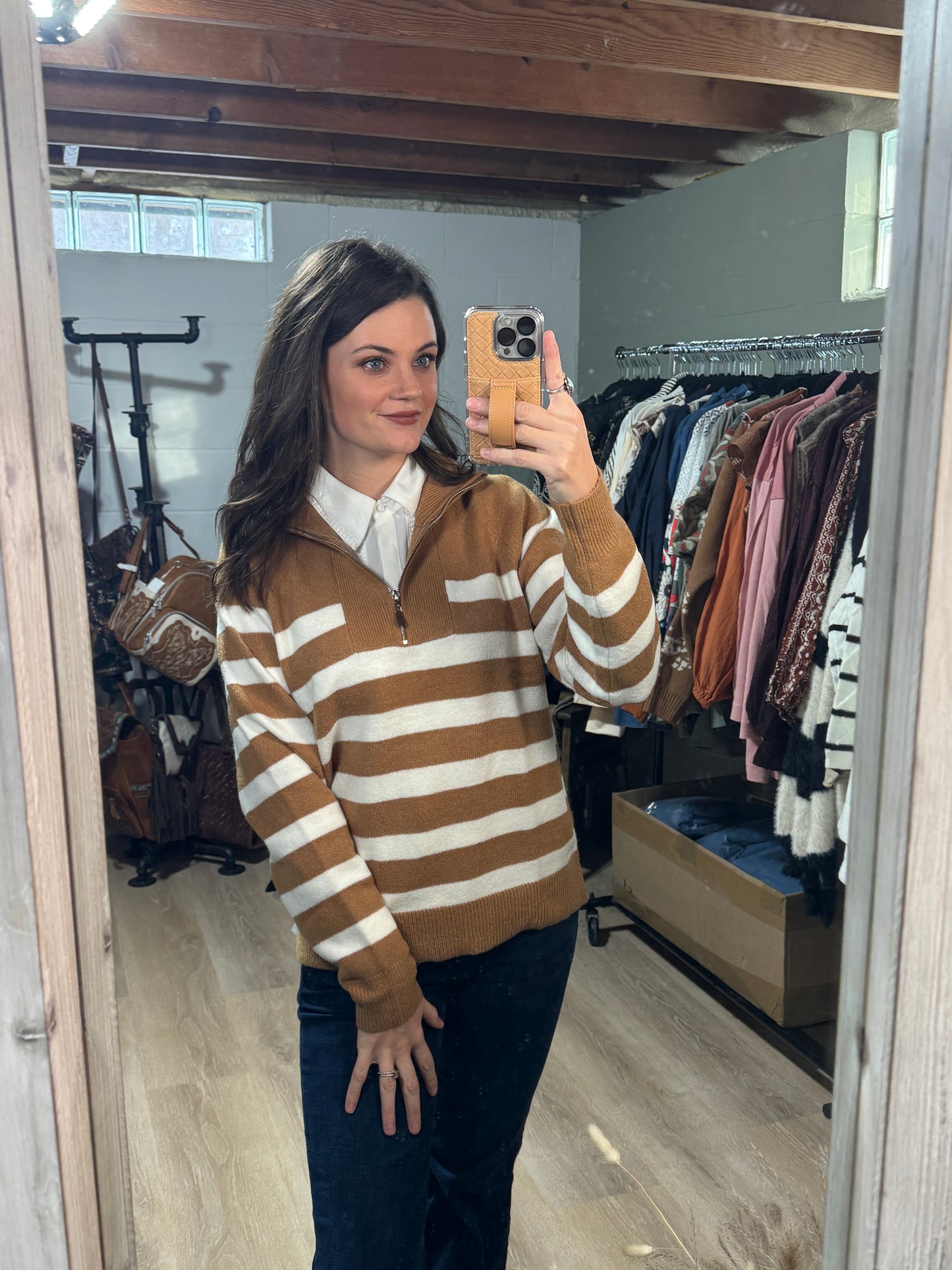 Simple Striped Half-Zip Knit Sweater