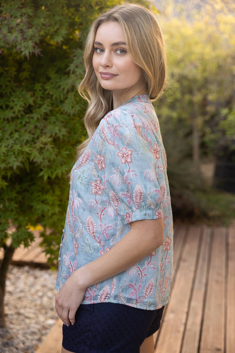 Floral Punch Embroidered Detail Button Down Top
