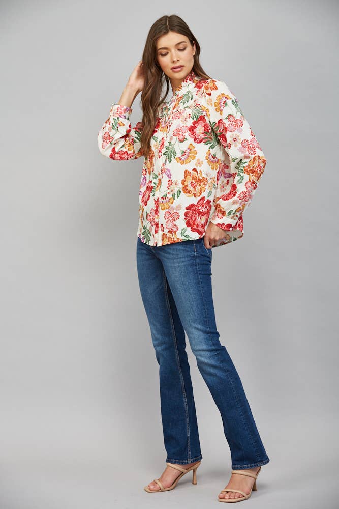 The Lady with Lace Cream Floral Blouse