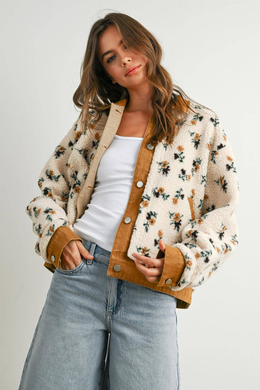 Floral Fleece Snap Jacket with Twill Trim