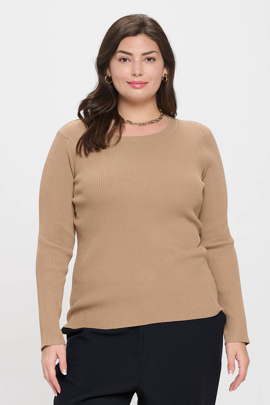 Extended Sizes - The Tan Basic Crewneck Sweater