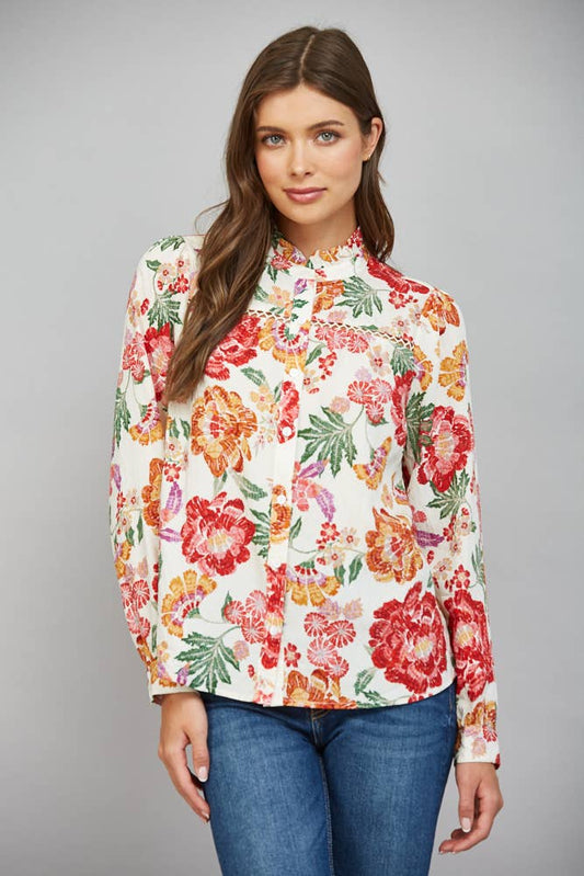 The Lady with Lace Cream Floral Blouse