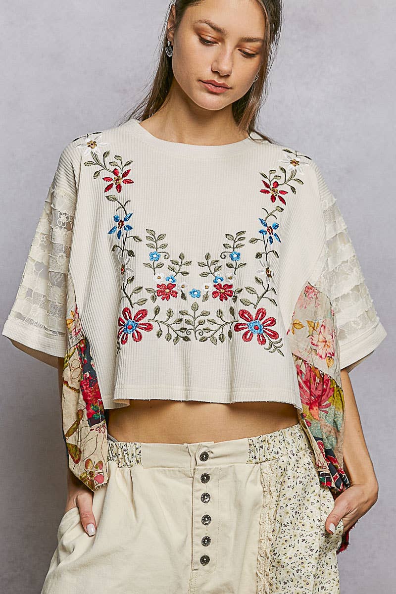 Boho Side Ruffle Detail Floral Embroidery Thermal Top