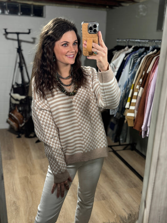 The Fabulous Frenchie Checkered Sweater in Taupe and Ivory