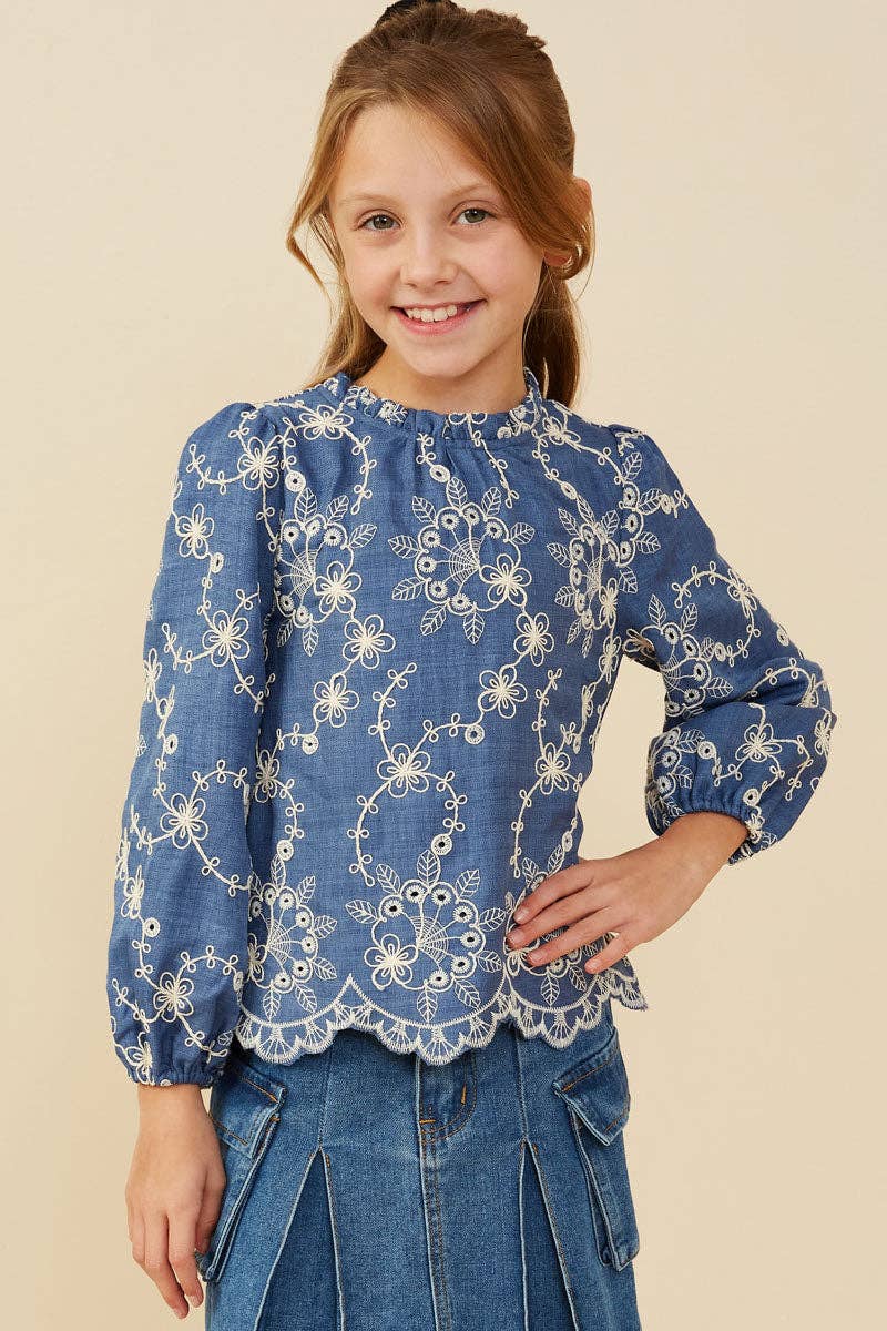 Girls Embroidered Scallop Hem Top