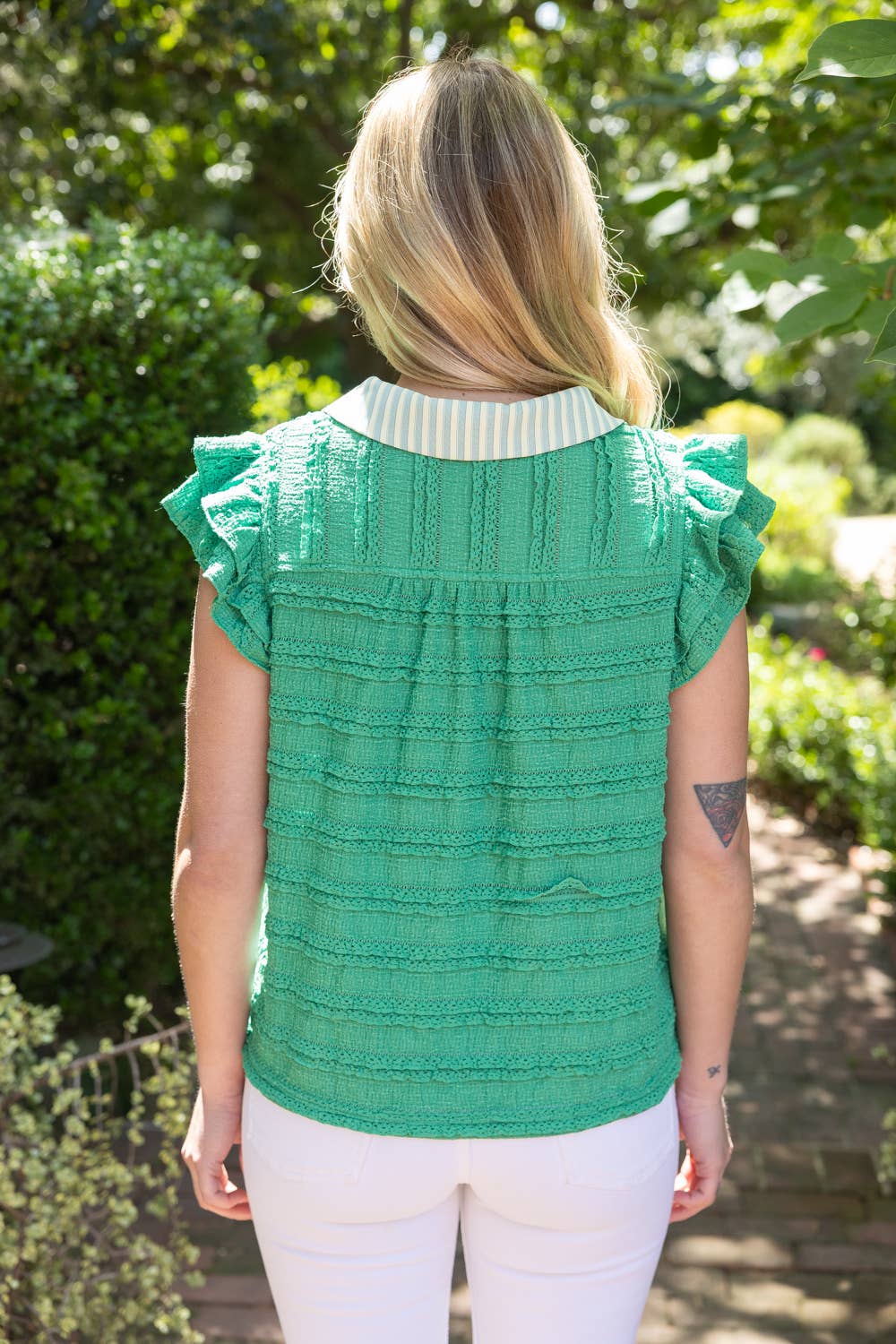 Stunning Stripe Detailed Ruffle Sleeve Textured Knit Top (Large Only)