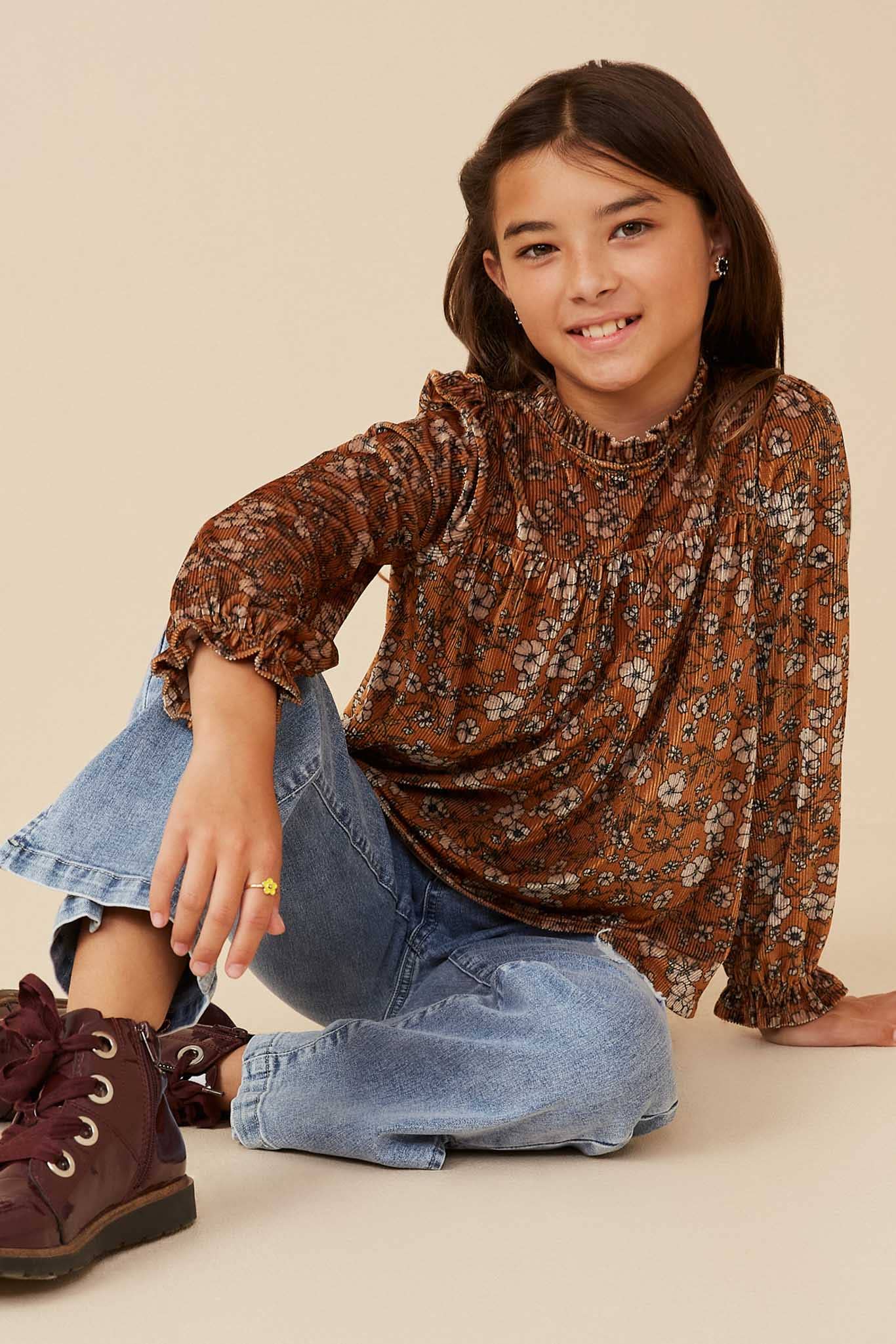 Girls Floral Velvet Cinched Cuff Long Sleeve Top