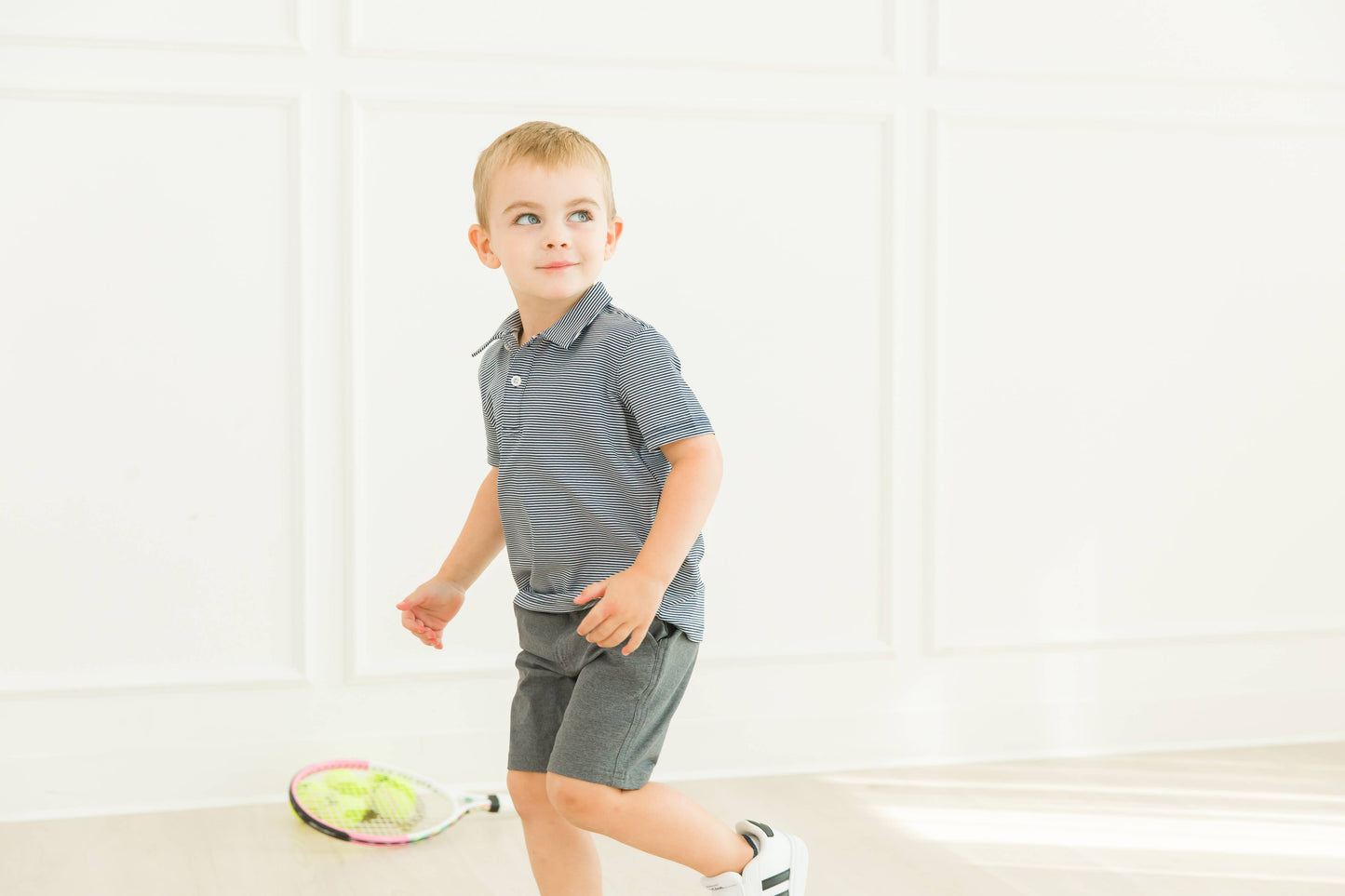 Boys Navy Micro Stripe Knit Short Sleeve Performance Polo