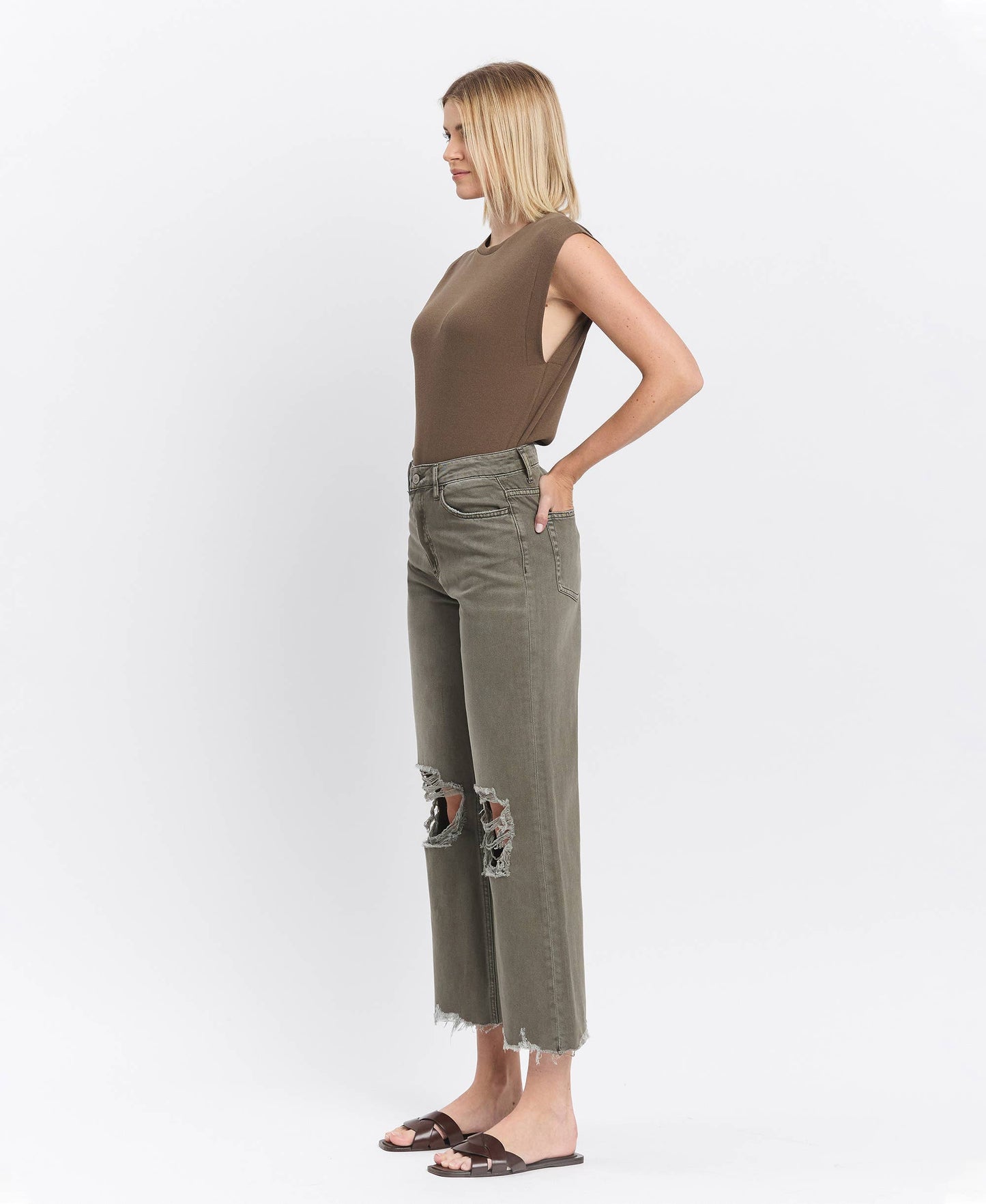 90'S VINTAGE SUPER HIGH RISE CROP FLARE JEANS IN OLIVE