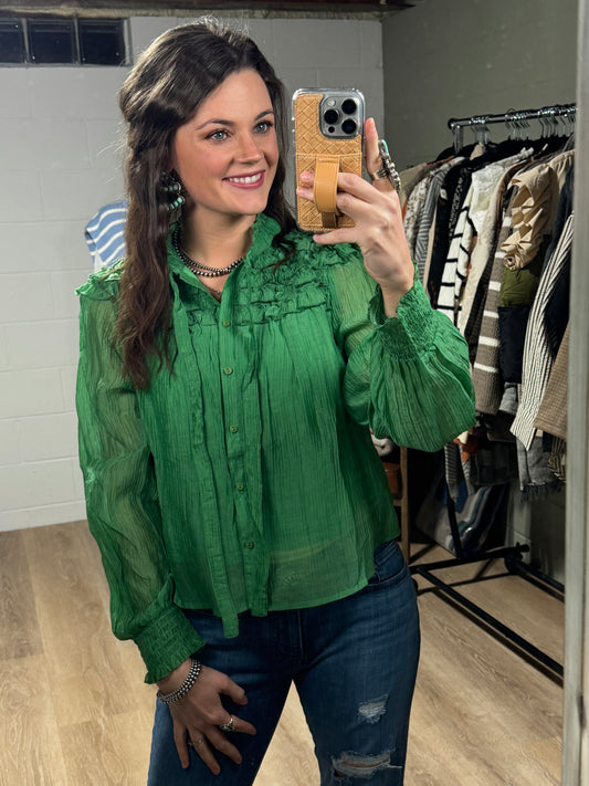 The Baddie Balloon Sleeve Blouse in Kelly Green