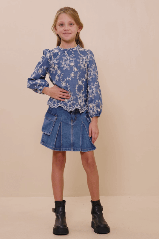 Girls Embroidered Scallop Hem Top