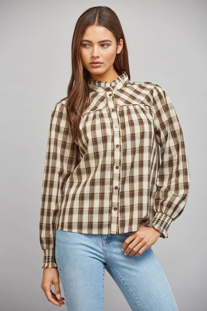 Cream and Cocoa Plaid Ruffle Blouse