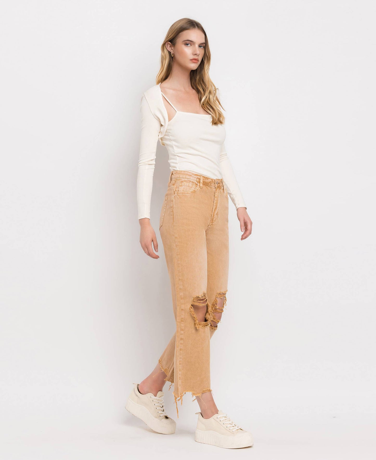 90'S VINTAGE SUPER HIGH RISE CROP FLARE JEANS IN GOLD