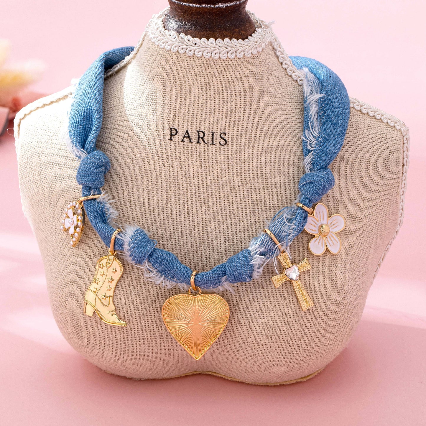 Western Denim Cowboy Boot & Cross Charm Necklace | 80N92859