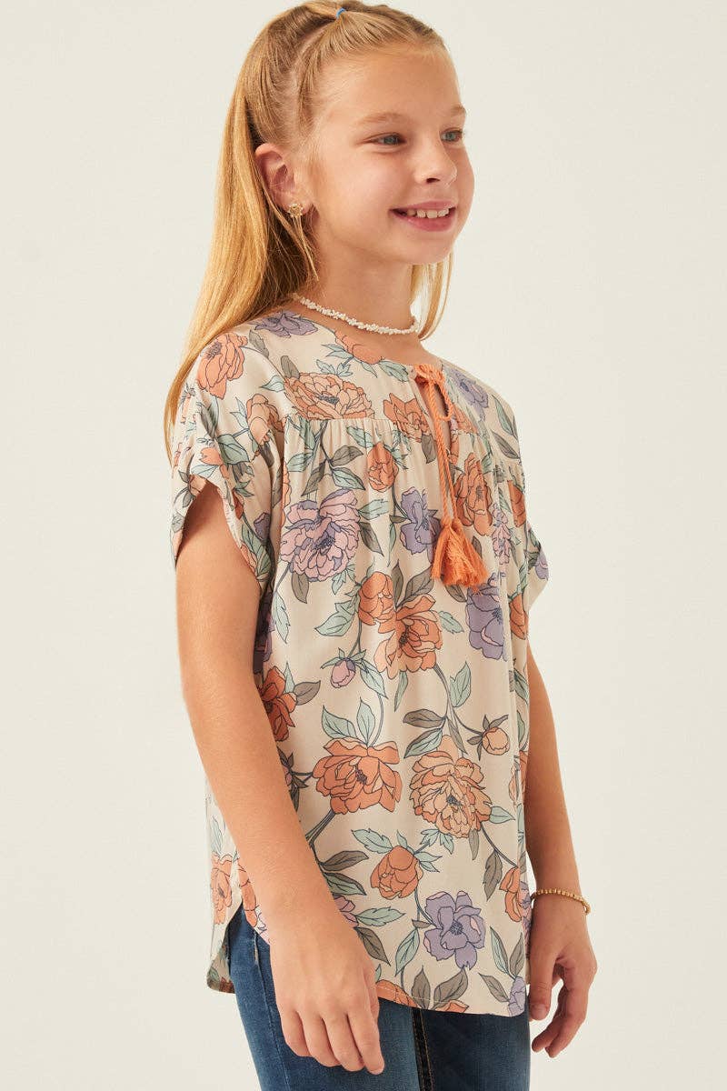 Girls Romantic Floral Tassled Short Sleeve Dolman