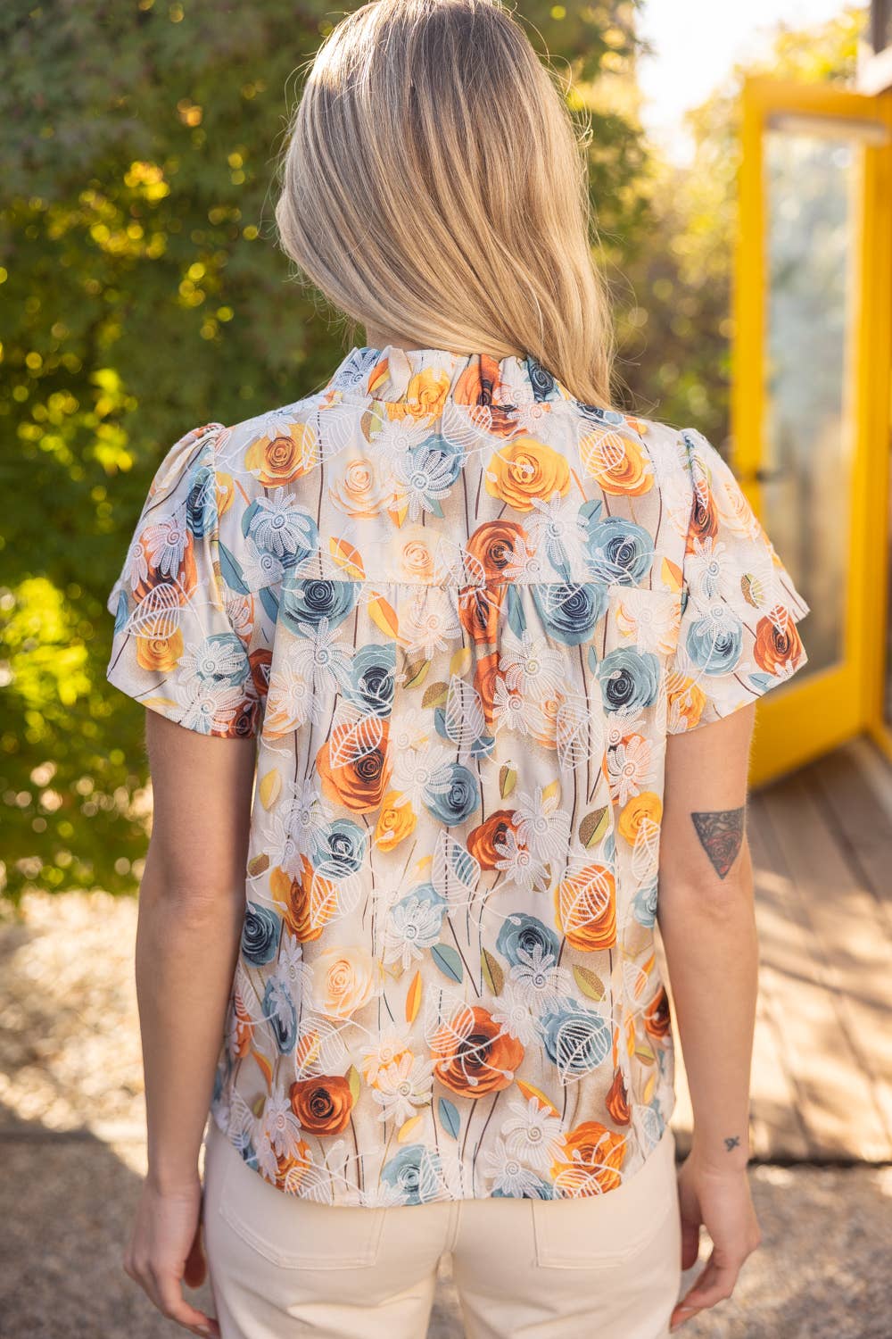 Pretty Peach Ruffle Button Down Floral Embroidered Print Top