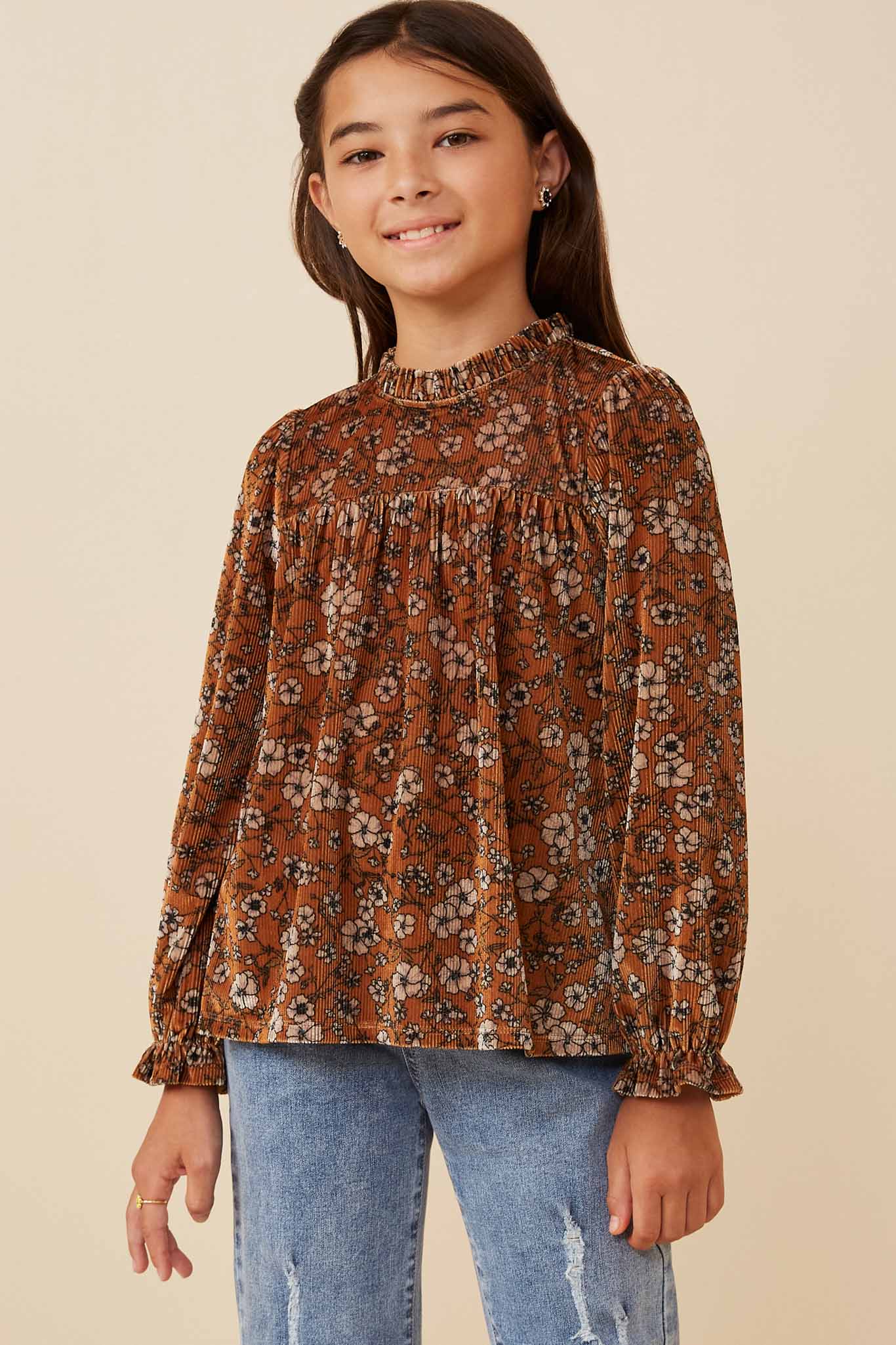 Girls Floral Velvet Cinched Cuff Long Sleeve Top