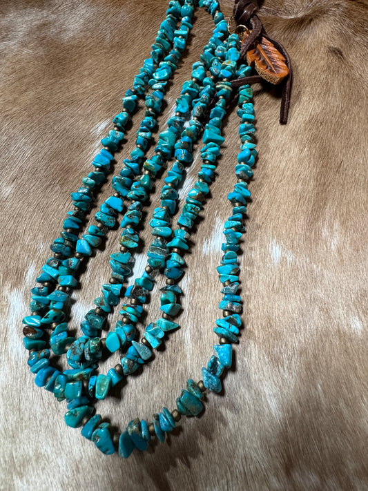 32” J.Forks Three Strand Turquoise Necklace with Leather Feather